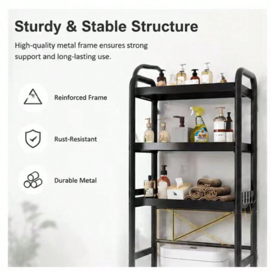 3-Tier Over The Toilet Storage Shelf, Black Freestanding Bathroom Organizer Rack, Space-Saving Toilet Caddy For Towels And Toiletries