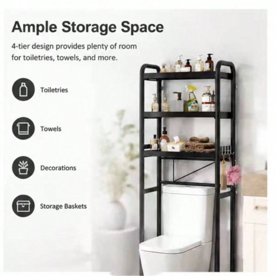 3-Tier Over The Toilet Storage Shelf, Black Freestanding Bathroom Organizer Rack, Space-Saving Toilet Caddy For Towels And Toiletries