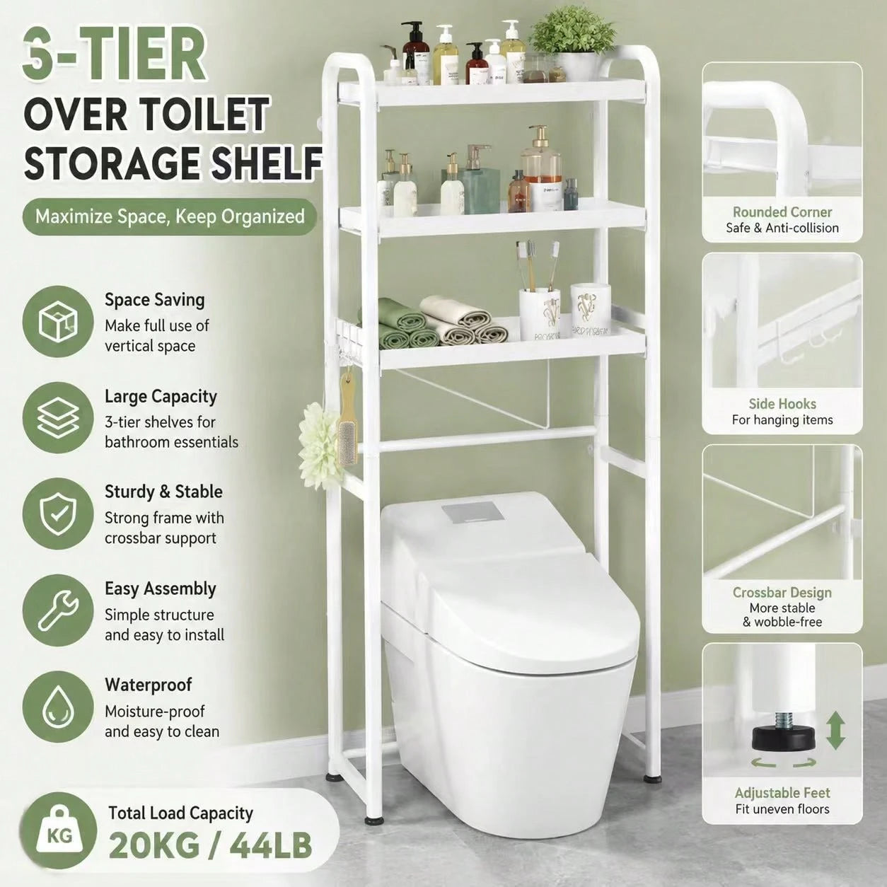 3-Tier Over The Toilet Storage Shelf, Black Freestanding Bathroom Organizer Rack, Space-Saving Toilet Caddy For Towels And Toiletries