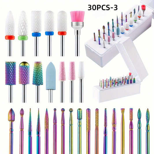 30pcs Ceramic Diamond Nail Drill Bit Set- Tungsten Carbide Cuticle Remover, Suitable For Acrylic, Gel Manicure, Pedicure, Home Salon Use