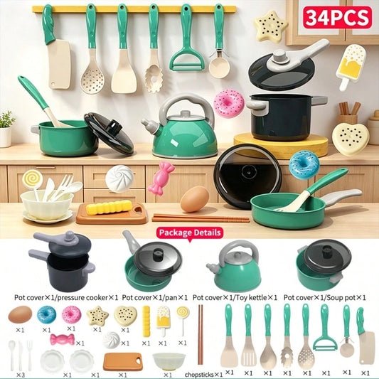 34pcs Simulation Play Food Fruit & Vegetable Toy Set With Assorted Cooking Utensils, Children's Pretend Play Kitchen Party Gift Toy Set, Simulated Cooking Toy Set For Boys And Girls, Children's Day Gi