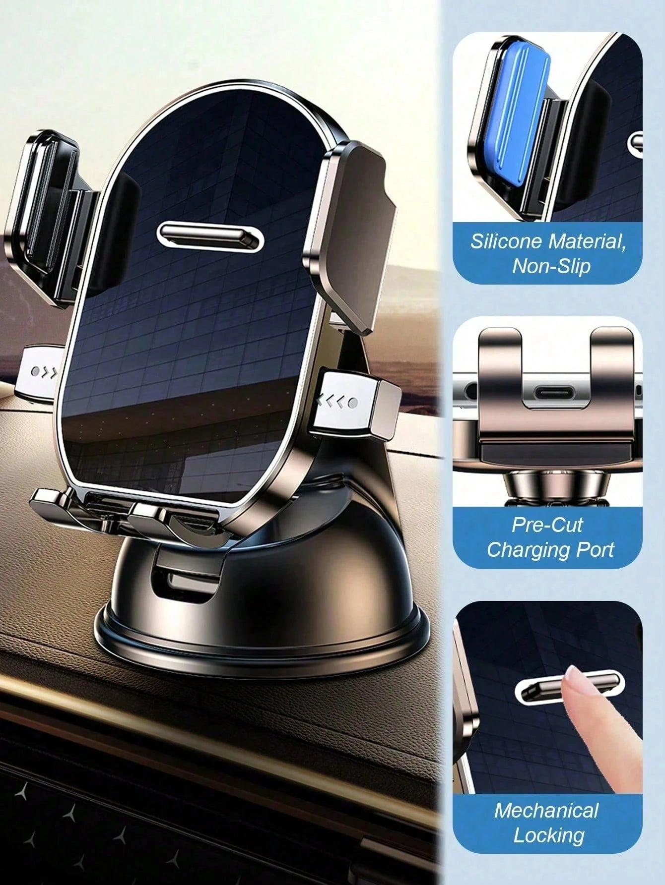 360° Rotatable Dashboard Phone Holder- With Suction Cup Base, Auto-Locking Mechanism, Anti-Shake, Universal Car Navigation Mount