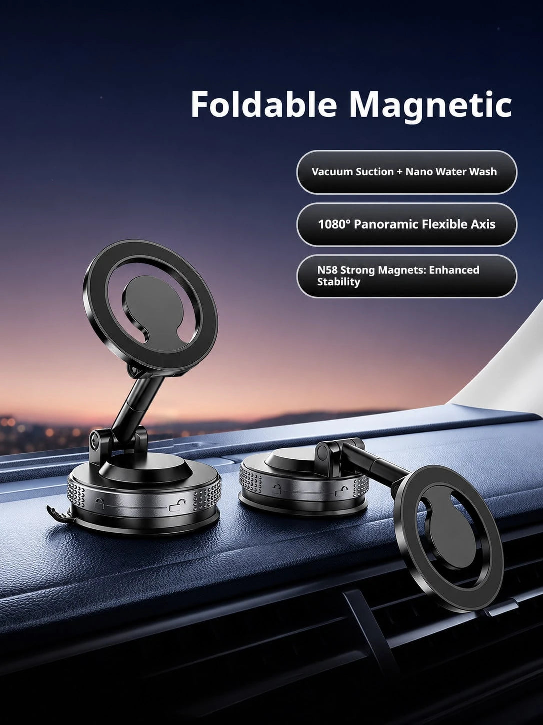 360° Rotatable Foldable Magnetic Car Phone Holder, Vacuum Suction Cup Universal Dashboard/Desk Phone Base, Strong Magnetic Car Navigation Mount, Suitable For Rough Surfaces