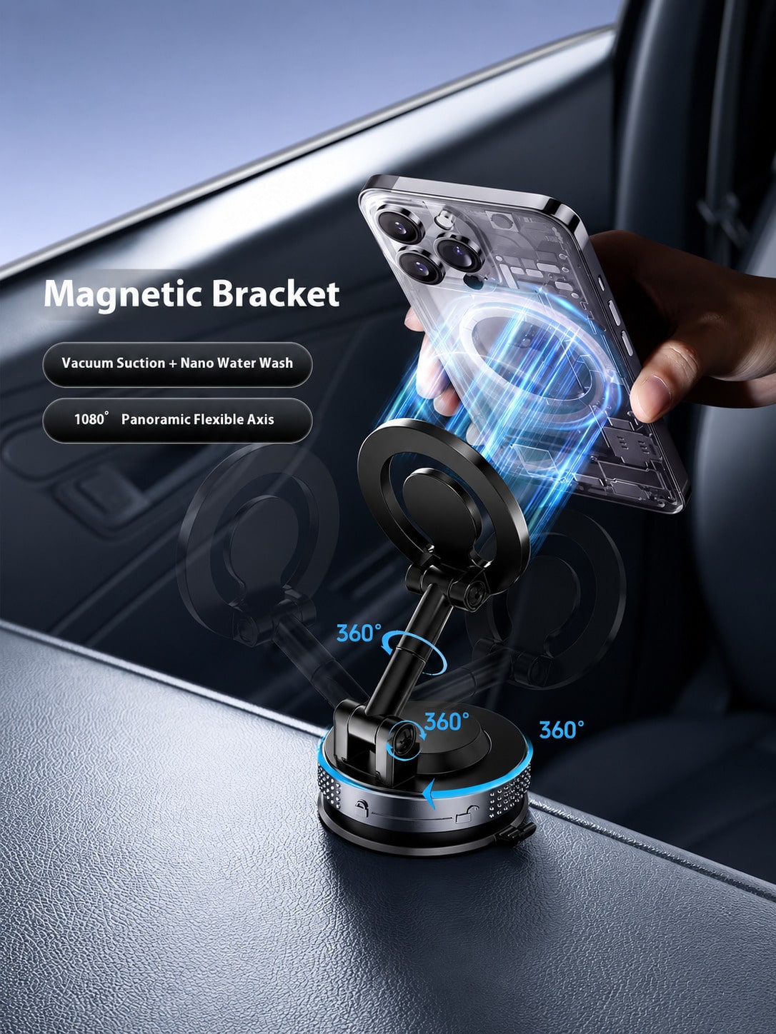 360° Rotatable Foldable Magnetic Car Phone Holder, Vacuum Suction Cup Universal Dashboard/Desk Phone Base, Strong Magnetic Car Navigation Mount, Suitable For Rough Surfaces