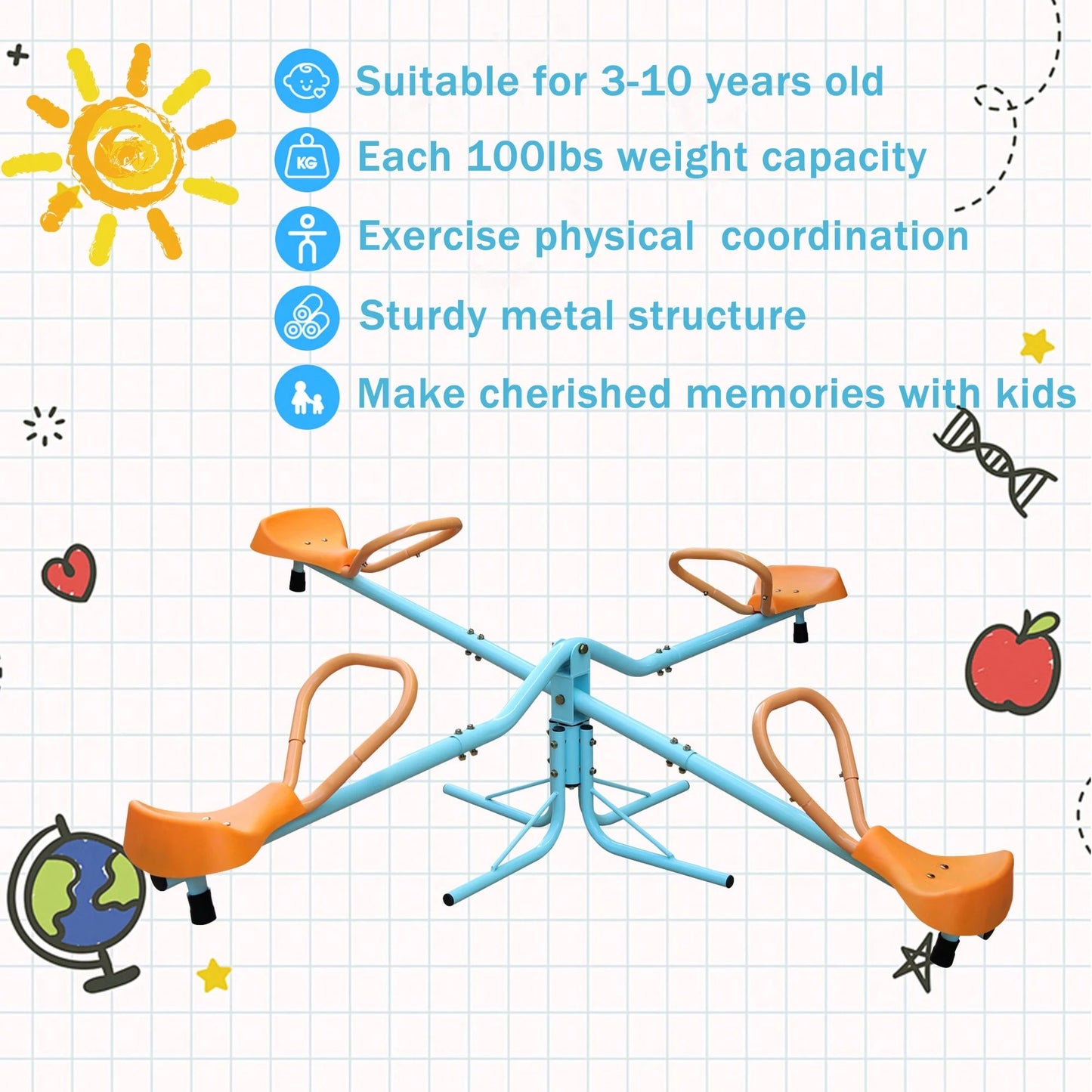 360° Rotating Kids Seesaw- 2-4 Seat Teeter Totter For Toddlers Age 2-5, Heavy Duty Outdoor Playground Equipment,Age 2+