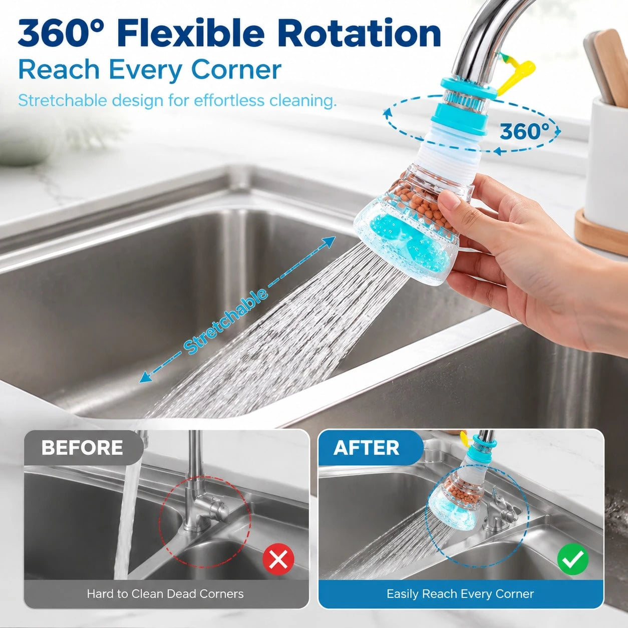 360° Swivel Faucet Filter Extender, Universal Water Filter And Kitchen Faucet Aerator Attachment, Splash-Reducing Water-Saving Sink Sprayer Nozzle For Kitchen Sink, Bathroom Basin, Laundry Room And RV