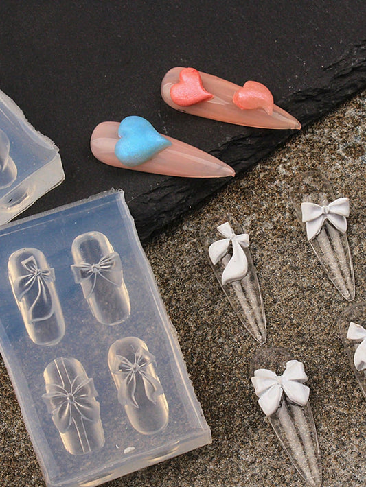 3D Silicone Nail Art Embossed Mold Set, Korean & Japanese Style Ribbon Bow Tie Bowknot Asymmetrical Heart Angel Heart Wings Nail Decor Mold, Crystal Handmade Pearl Stickers Decals Glitter Sequin Ornam