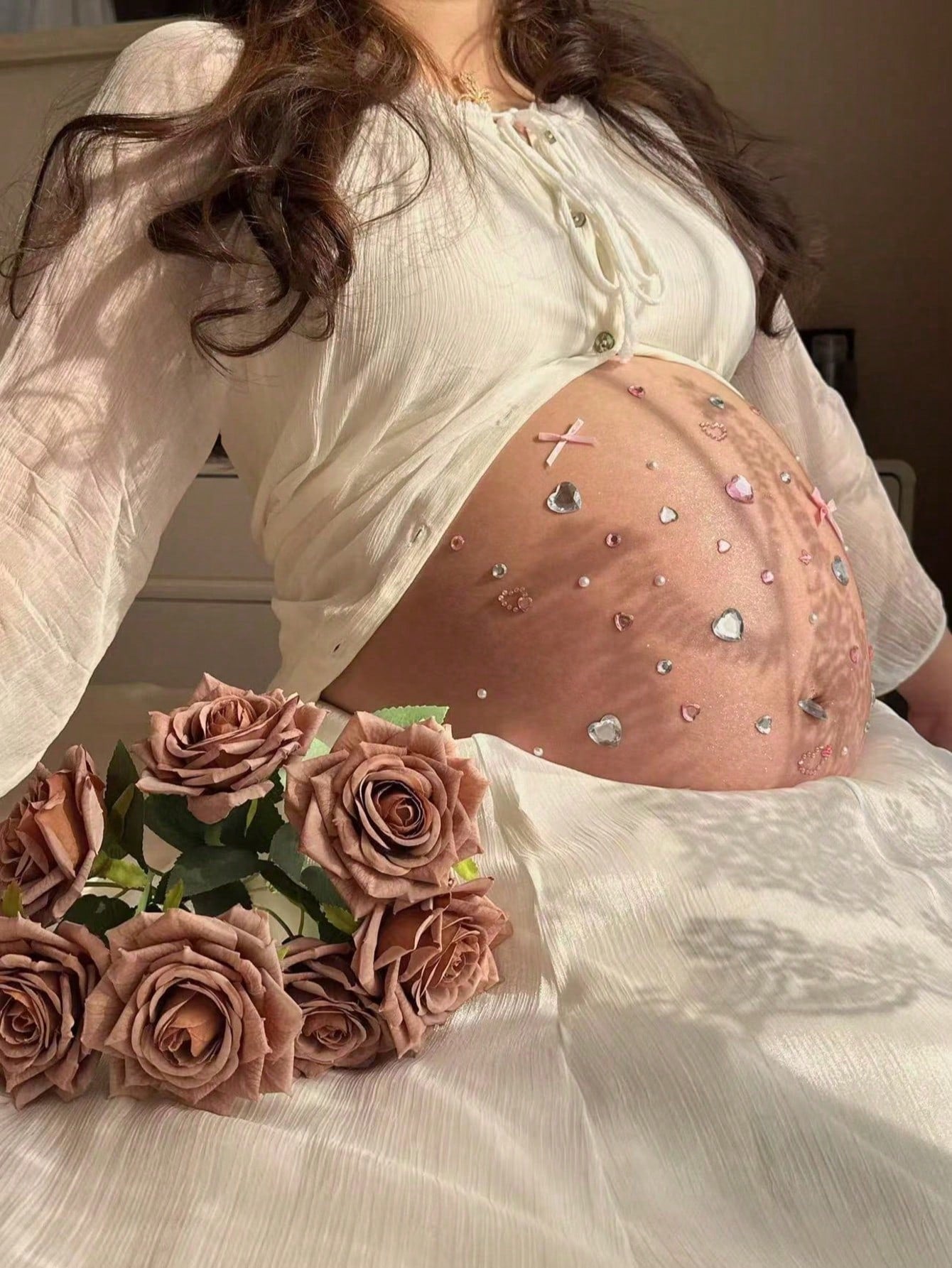 3D Sweet Style Rhinestone Bow Belly Sticker, Pregnancy Photo Prop, Glitter Body Sticker For Expectant Mothers, Baby Shower And Gender Reveal Party