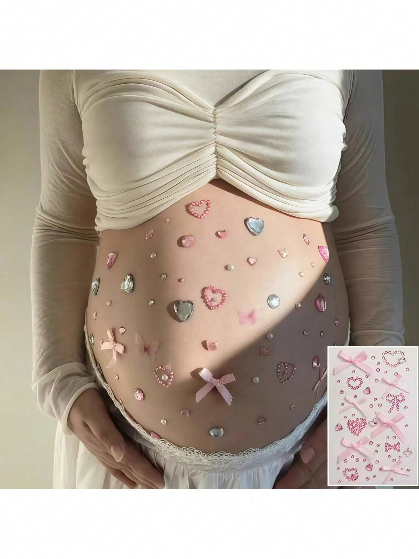 3D Sweet Style Rhinestone Bow Belly Sticker, Pregnancy Photo Prop, Glitter Body Sticker For Expectant Mothers, Baby Shower And Gender Reveal Party