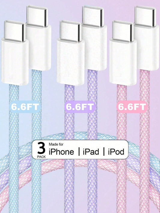 3pcs 3.3/6.6ft 60W USB-C To USB-C Braided Colorful Type-C Fast Charging Cable Compatible With IPhone 17/16/15/Pro/Max/Plus, Pro/Air, Galaxy, Android, Laptop