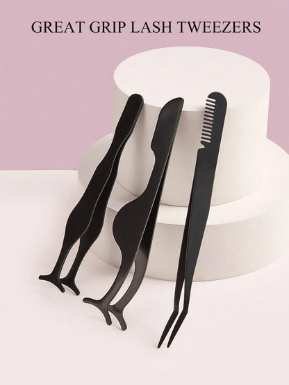 3pcs Black Seahorse Clip + Gourd Clip + Comb Clip, False Eyelash Application Tweezer Set, Precise Grip Easy To Use, Effortless Application Of False Eyelashes, Makeup Tool, Home Essential, Travel Porta