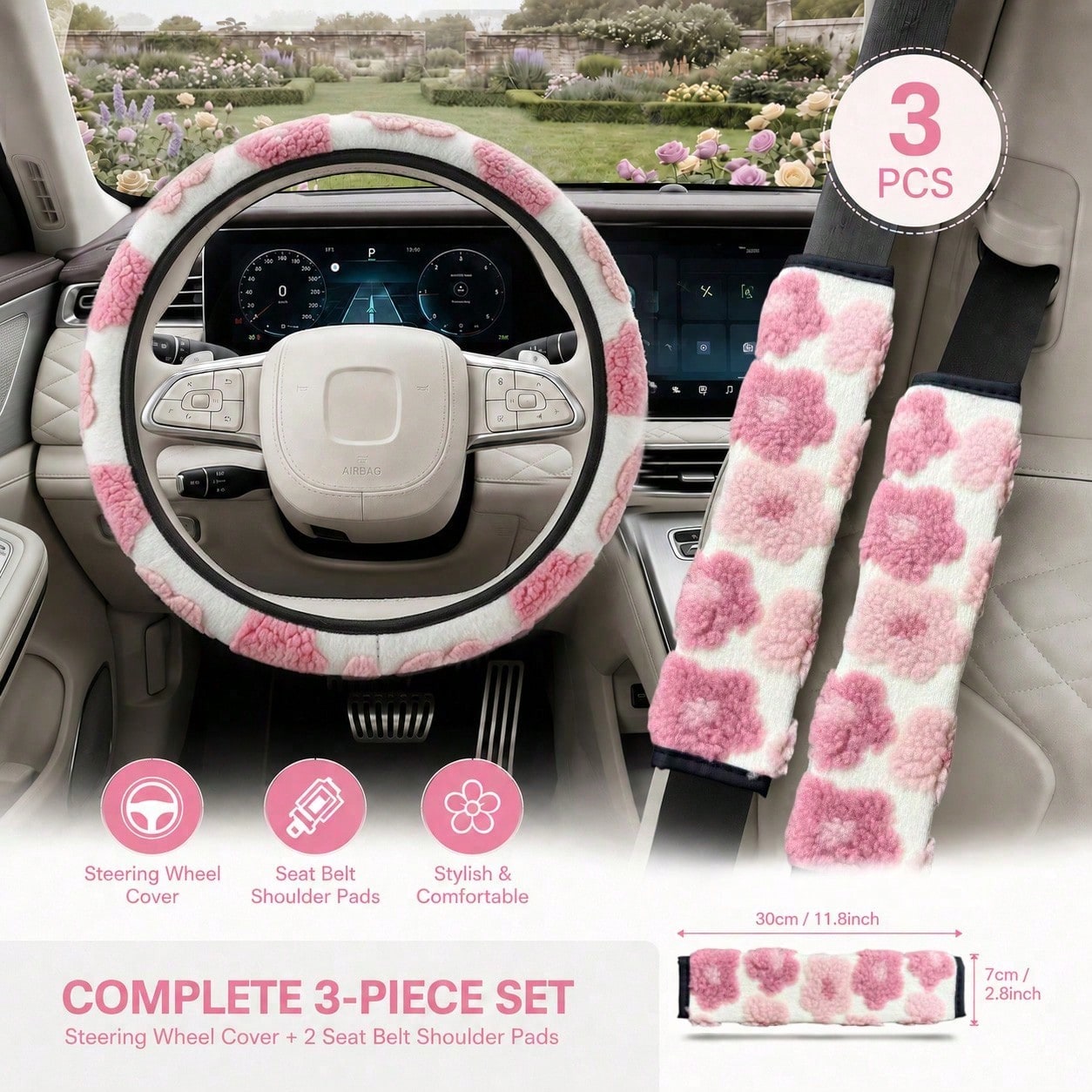3PCS Cute 3D Floral Car Interior Decor Set (Includes 1PC Steering Wheel Cover And 2pcs Seat Belt Shoulder Pads), Soft & Comfortable, Easy To Install, Women's Car Interior Accessories, Suitable For Mos