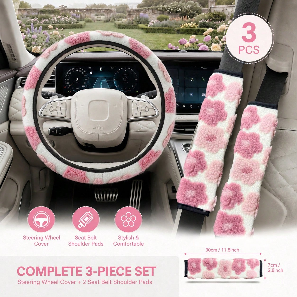 3PCS Cute 3D Floral Car Interior Decor Set (Includes 1PC Steering Wheel Cover And 2pcs Seat Belt Shoulder Pads), Soft & Comfortable, Easy To Install, Women's Car Interior Accessories, Suitable For Mos