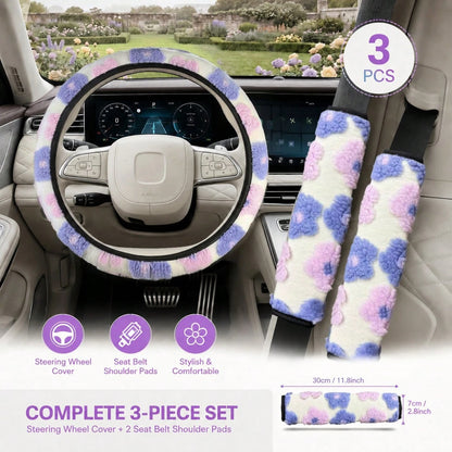 3PCS Cute 3D Floral Car Interior Decor Set (Includes 1PC Steering Wheel Cover And 2pcs Seat Belt Shoulder Pads), Soft & Comfortable, Easy To Install, Women's Car Interior Accessories, Suitable For Mos