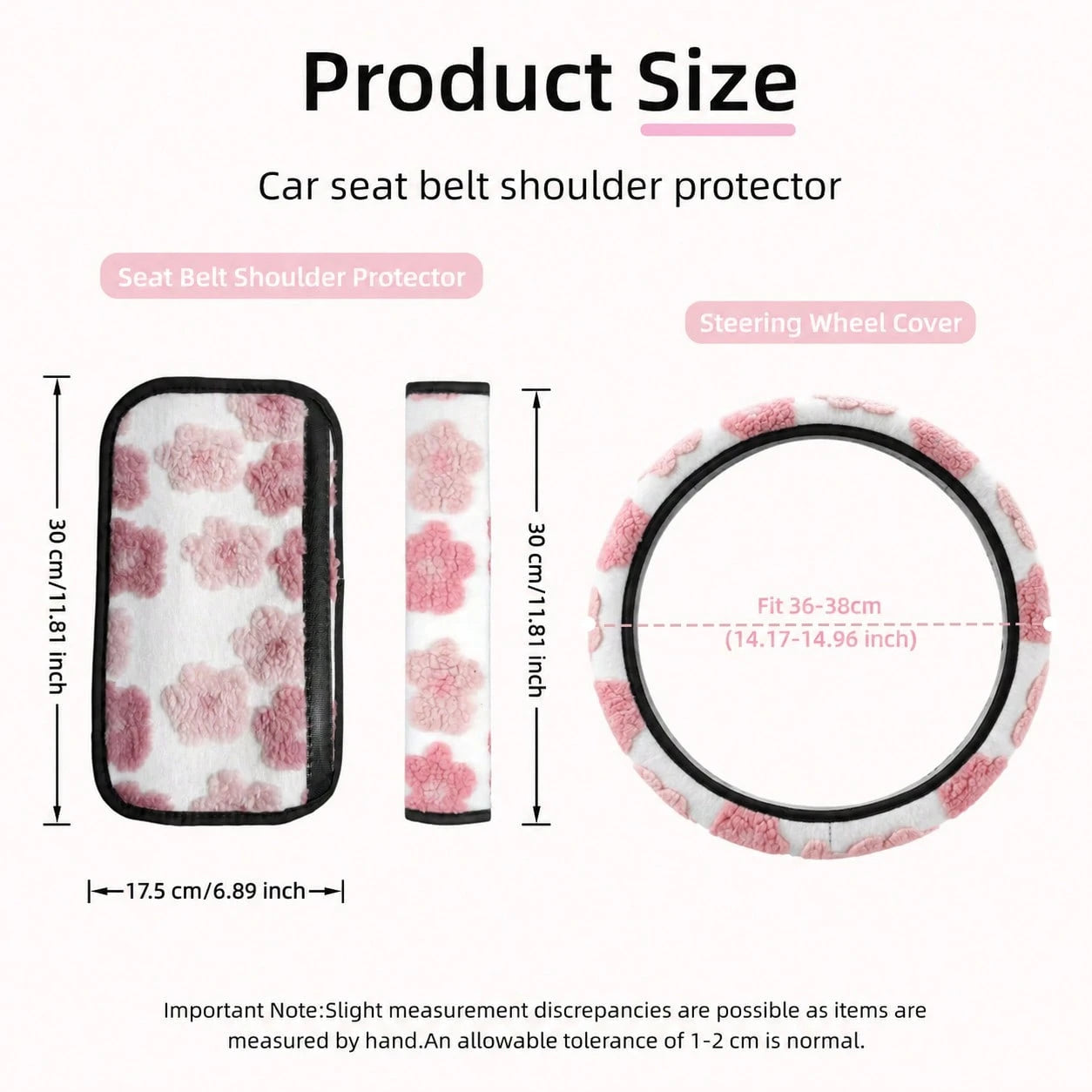 3PCS Cute 3D Floral Car Interior Decor Set (Includes 1PC Steering Wheel Cover And 2pcs Seat Belt Shoulder Pads), Soft & Comfortable, Easy To Install, Women's Car Interior Accessories, Suitable For Mos