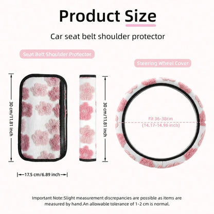 3PCS Cute 3D Floral Car Interior Decor Set (Includes 1PC Steering Wheel Cover And 2pcs Seat Belt Shoulder Pads), Soft & Comfortable, Easy To Install, Women's Car Interior Accessories, Suitable For Mos