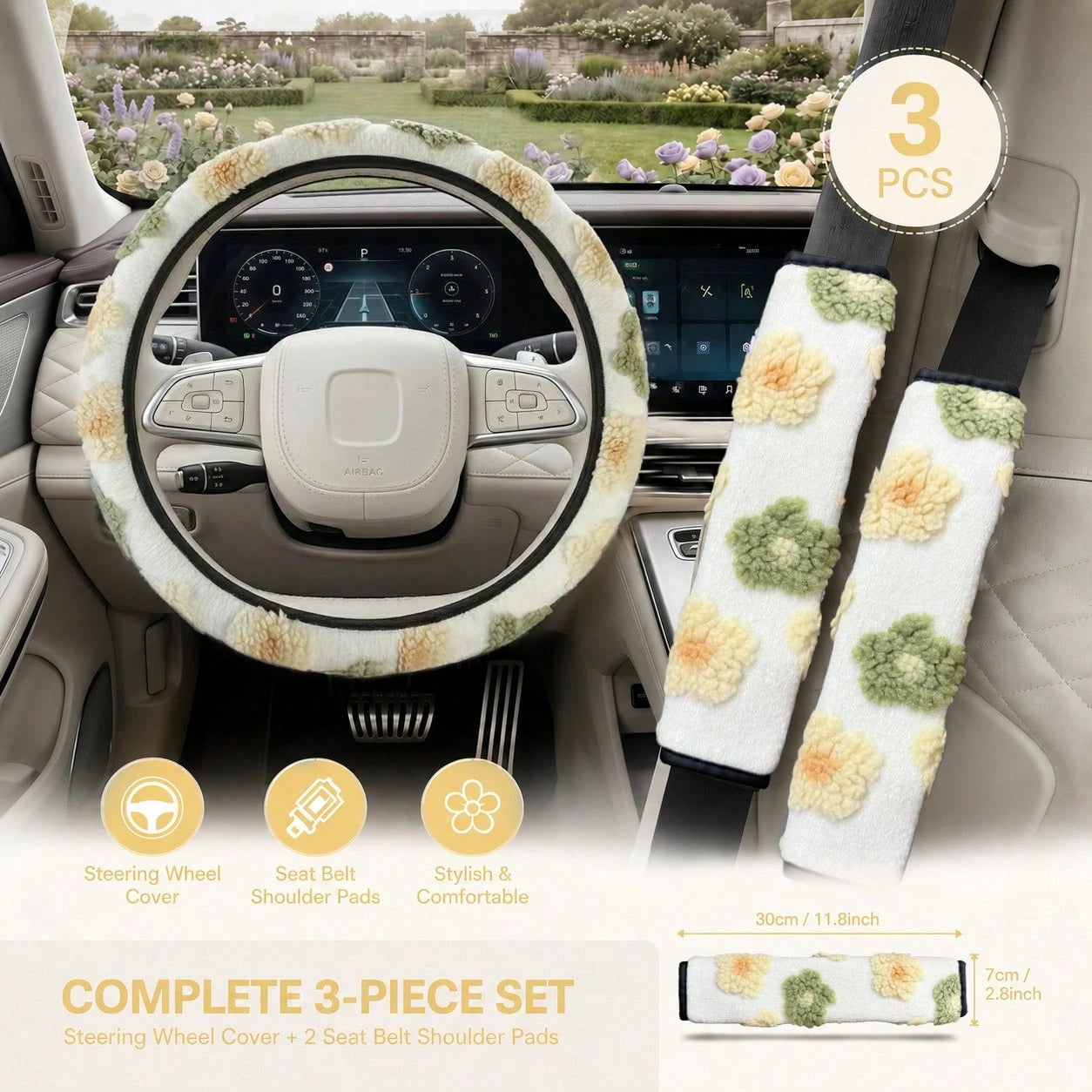 3PCS Cute 3D Floral Car Interior Decor Set (Includes 1PC Steering Wheel Cover And 2pcs Seat Belt Shoulder Pads), Soft & Comfortable, Easy To Install, Women's Car Interior Accessories, Suitable For Mos