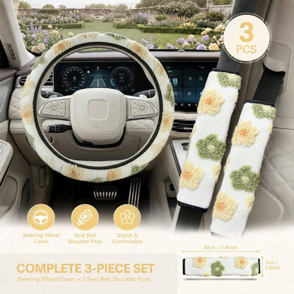 3PCS Cute 3D Floral Car Interior Decor Set (Includes 1PC Steering Wheel Cover And 2pcs Seat Belt Shoulder Pads), Soft & Comfortable, Easy To Install, Women's Car Interior Accessories, Suitable For Mos