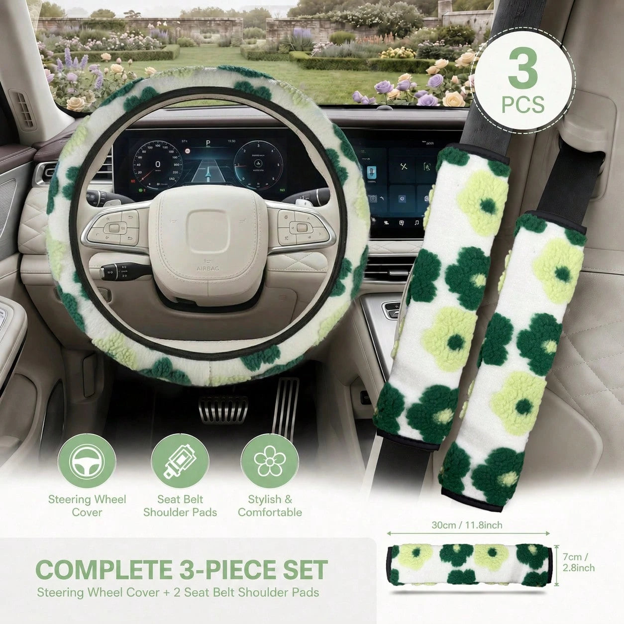 3PCS Cute 3D Floral Car Interior Decor Set (Includes 1PC Steering Wheel Cover And 2pcs Seat Belt Shoulder Pads), Soft & Comfortable, Easy To Install, Women's Car Interior Accessories, Suitable For Mos