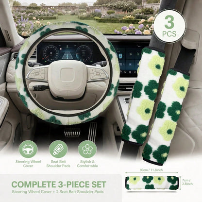 3PCS Cute 3D Floral Car Interior Decor Set (Includes 1PC Steering Wheel Cover And 2pcs Seat Belt Shoulder Pads), Soft & Comfortable, Easy To Install, Women's Car Interior Accessories, Suitable For Mos