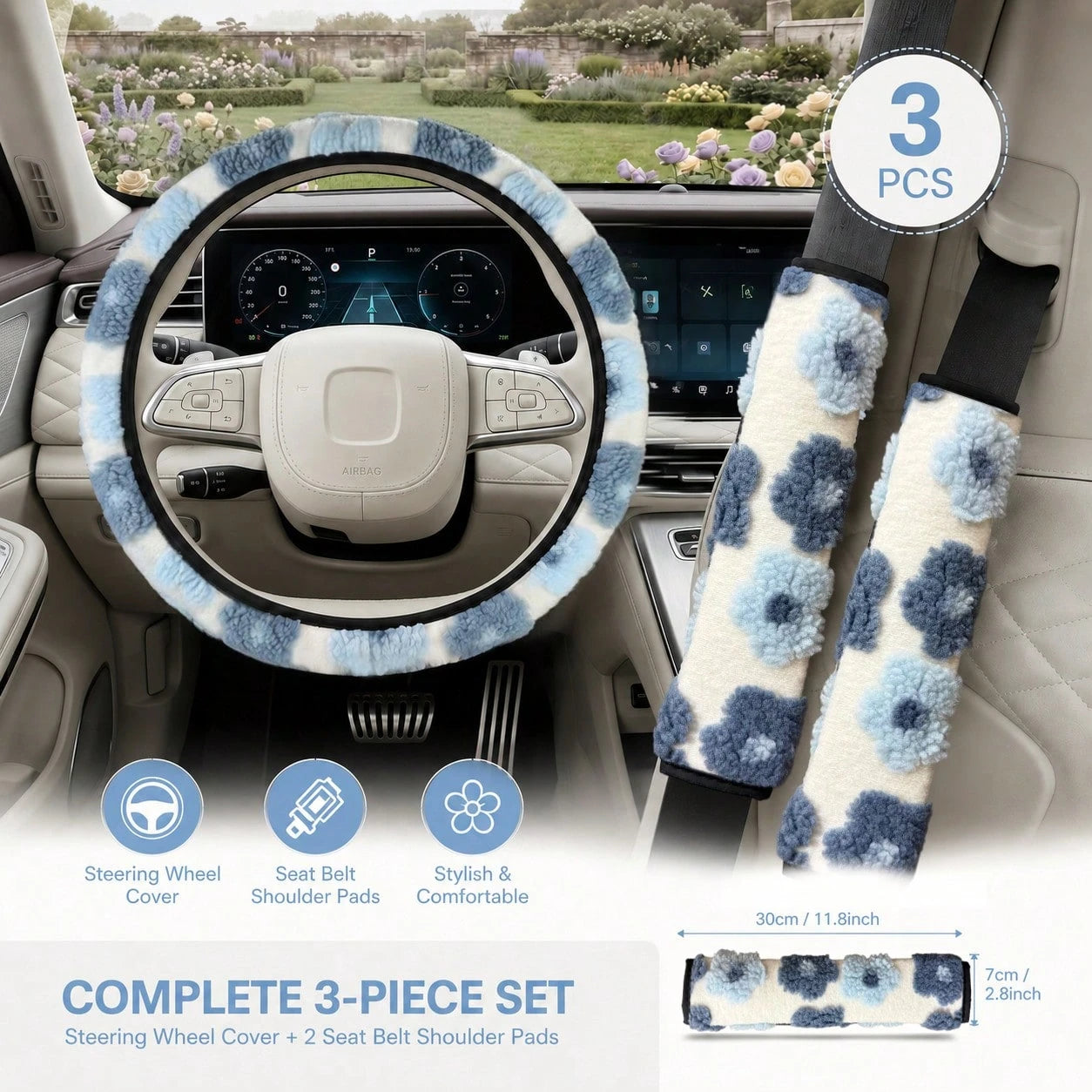 3PCS Cute 3D Floral Car Interior Decor Set (Includes 1PC Steering Wheel Cover And 2pcs Seat Belt Shoulder Pads), Soft & Comfortable, Easy To Install, Women's Car Interior Accessories, Suitable For Mos