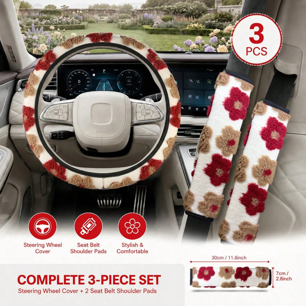 3PCS Cute 3D Floral Car Interior Decor Set (Includes 1PC Steering Wheel Cover And 2pcs Seat Belt Shoulder Pads), Soft & Comfortable, Easy To Install, Women's Car Interior Accessories, Suitable For Mos