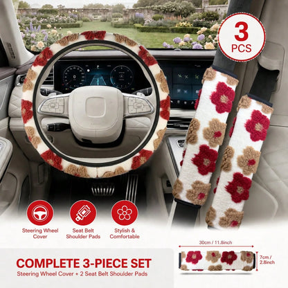 3PCS Cute 3D Floral Car Interior Decor Set (Includes 1PC Steering Wheel Cover And 2pcs Seat Belt Shoulder Pads), Soft & Comfortable, Easy To Install, Women's Car Interior Accessories, Suitable For Mos