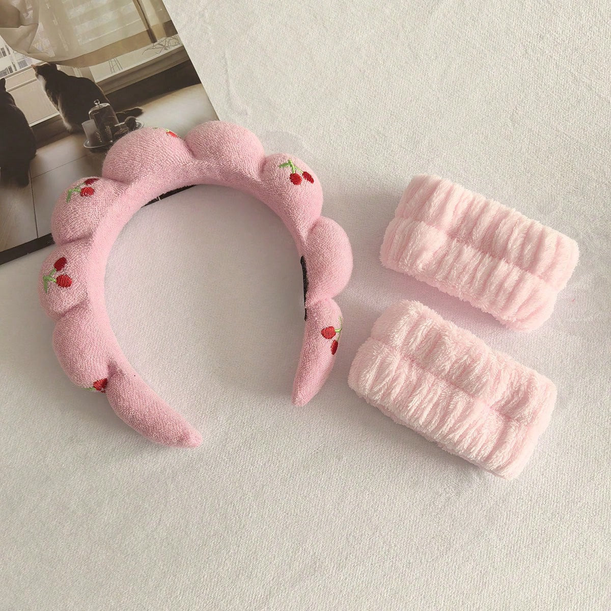 3pcs Cute Cherry Sponge Headbands, 1pc Headband, 2pcs Wristbands, Sweet Women Beauty Yoga Multifunctional Hair Accessories, Daily Wear Hair Decor