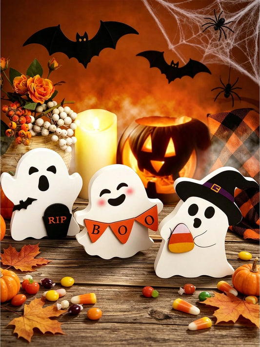 3pcs Cute Halloween Ghost PVC Desktop Decor Set, BOO Ghost Ornament With Witch Hat, Candy Corn, RIP Tombstone And Pumpkin Theme, Japanese Kawaii Halloween Desktop Decoration, Indoor Home Shelf Decor