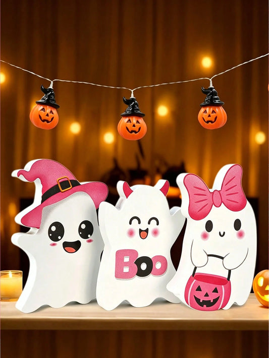 3pcs Cute Halloween Ghost PVC Desktop Decor, Pink Kawaii Ghost Ornament With Witch Hat, Pumpkin Bucket And Bow, Halloween Desktop Decoration, Spooky Holiday Home Decor, Shelf Display, Tiered Tray Deco
