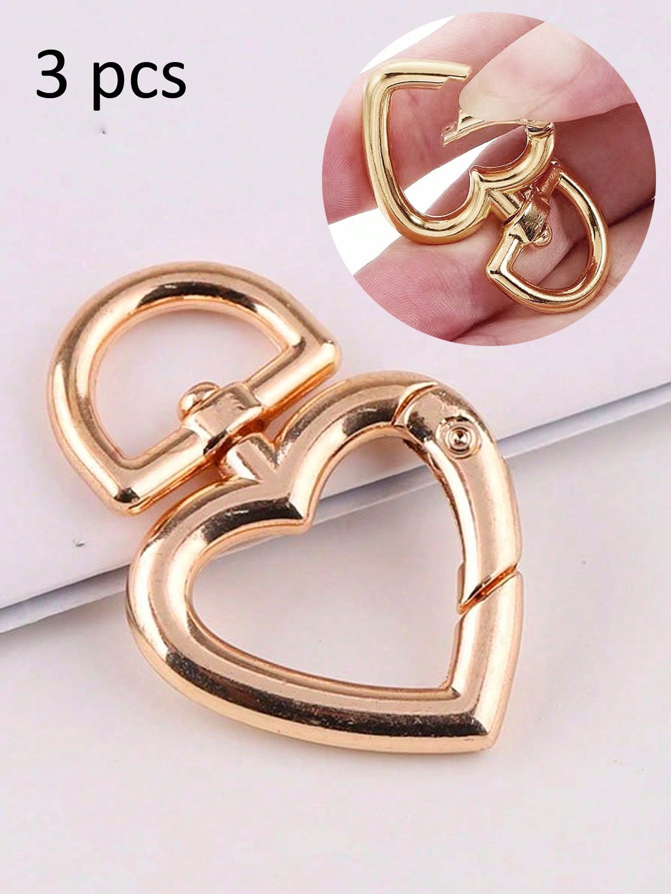 3pcs Gold Heart Spring Ring Hardware Buckle, Metal Round Buckle, Keychain Bag Buckle, Adjustable Hook, Open Ring, DIY Hardware Accessories, Car Accessories, Women's Study Supplies, Teacher Gift, Back