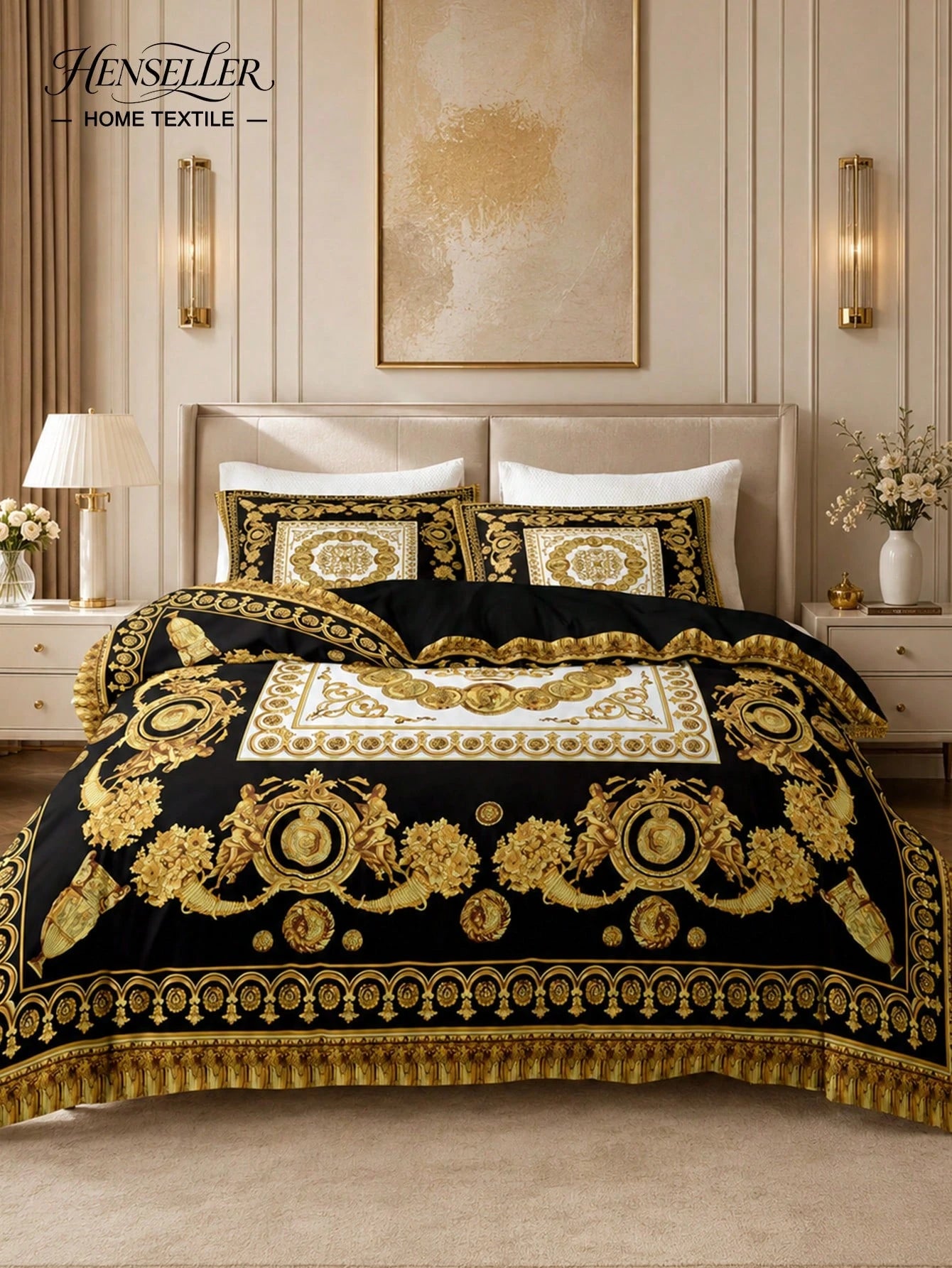 3pcs Luxury Black Gold Digital Print Duvet Cover Set, Soft Skin-Friendly Breathable All-Season Bedding, Elegant Vintage Room Decor, Easy-Care Design For King Queen Full Twin, Vacation Rental Guest Roo