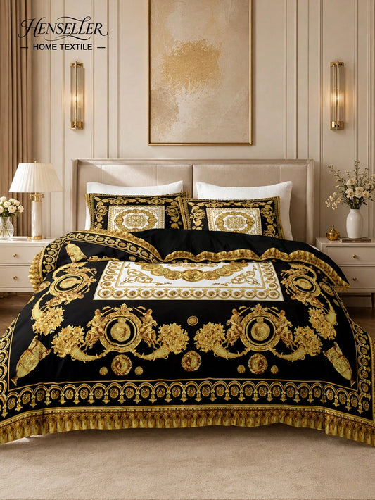 3pcs Luxury Black Gold Digital Print Duvet Cover Set, Soft Skin-Friendly Breathable All-Season Bedding, Elegant Vintage Room Decor, Easy-Care Design For King Queen Full Twin, Vacation Rental Guest Roo
