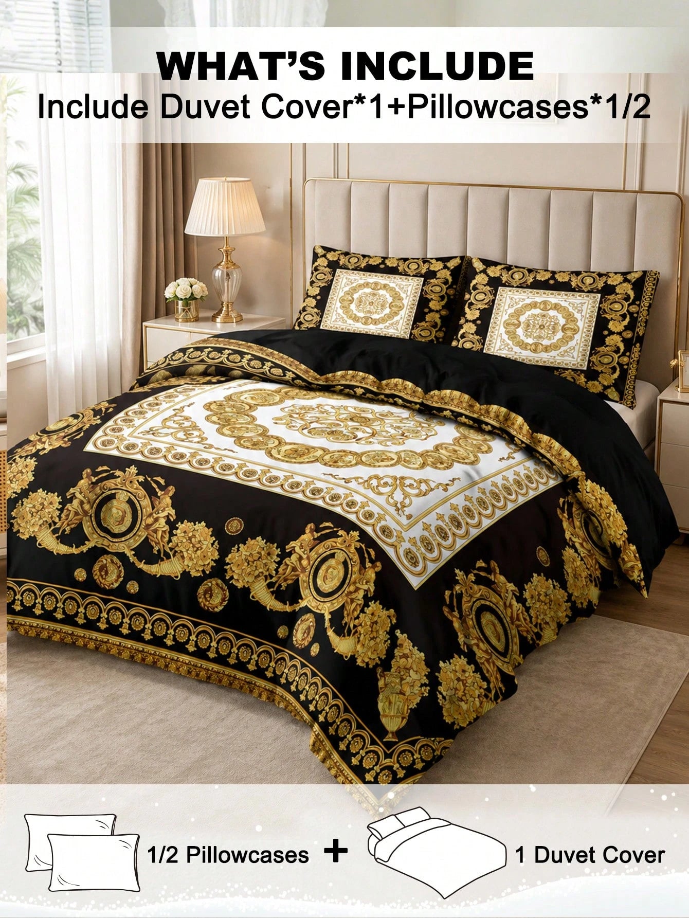 3pcs Luxury Black Gold Digital Print Duvet Cover Set, Soft Skin-Friendly Breathable All-Season Bedding, Elegant Vintage Room Decor, Easy-Care Design For King Queen Full Twin, Vacation Rental Guest Roo
