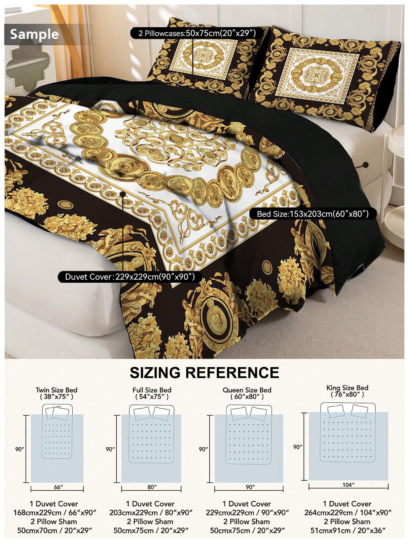 3pcs Luxury Black Gold Digital Print Duvet Cover Set, Soft Skin-Friendly Breathable All-Season Bedding, Elegant Vintage Room Decor, Easy-Care Design For King Queen Full Twin, Vacation Rental Guest Roo