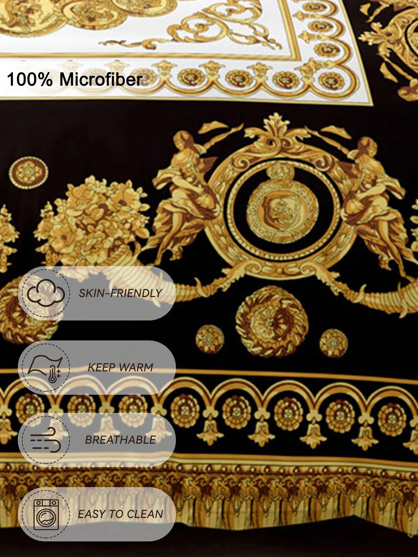 3pcs Luxury Black Gold Digital Print Duvet Cover Set, Soft Skin-Friendly Breathable All-Season Bedding, Elegant Vintage Room Decor, Easy-Care Design For King Queen Full Twin, Vacation Rental Guest Roo
