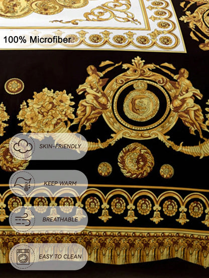 3pcs Luxury Black Gold Digital Print Duvet Cover Set, Soft Skin-Friendly Breathable All-Season Bedding, Elegant Vintage Room Decor, Easy-Care Design For King Queen Full Twin, Vacation Rental Guest Roo
