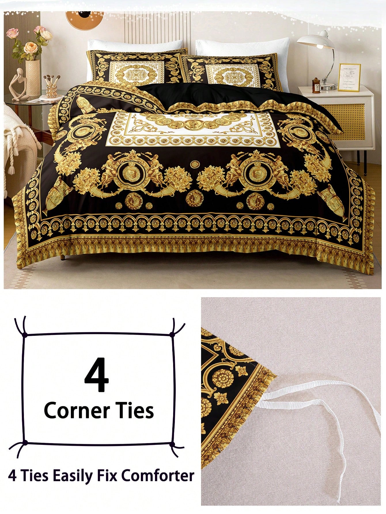 3pcs Luxury Black Gold Digital Print Duvet Cover Set, Soft Skin-Friendly Breathable All-Season Bedding, Elegant Vintage Room Decor, Easy-Care Design For King Queen Full Twin, Vacation Rental Guest Roo