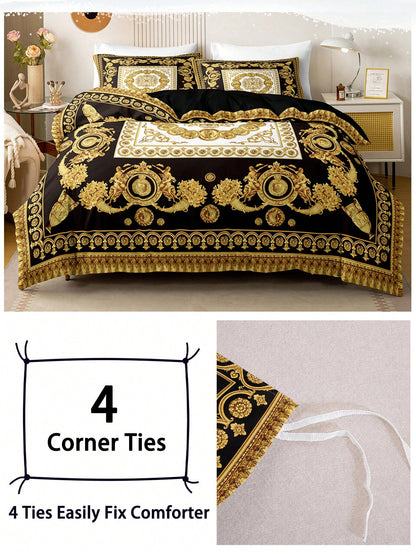 3pcs Luxury Black Gold Digital Print Duvet Cover Set, Soft Skin-Friendly Breathable All-Season Bedding, Elegant Vintage Room Decor, Easy-Care Design For King Queen Full Twin, Vacation Rental Guest Roo