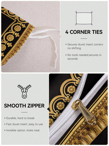 3pcs Luxury Black Gold Digital Print Duvet Cover Set, Soft Skin-Friendly Breathable All-Season Bedding, Elegant Vintage Room Decor, Easy-Care Design For King Queen Full Twin, Vacation Rental Guest Roo