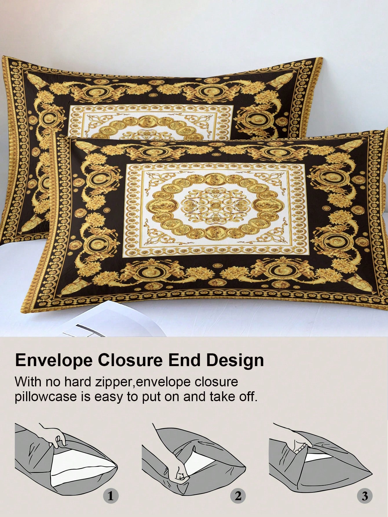 3pcs Luxury Black Gold Digital Print Duvet Cover Set, Soft Skin-Friendly Breathable All-Season Bedding, Elegant Vintage Room Decor, Easy-Care Design For King Queen Full Twin, Vacation Rental Guest Roo