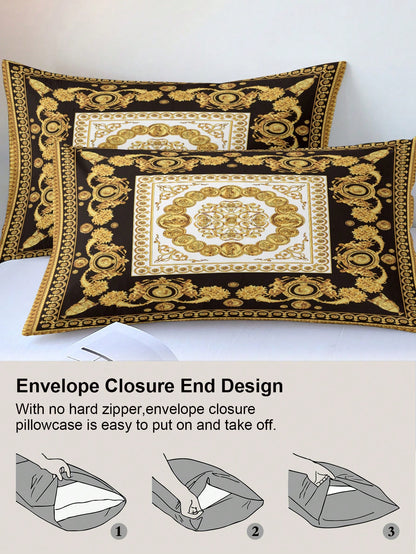 3pcs Luxury Black Gold Digital Print Duvet Cover Set, Soft Skin-Friendly Breathable All-Season Bedding, Elegant Vintage Room Decor, Easy-Care Design For King Queen Full Twin, Vacation Rental Guest Roo