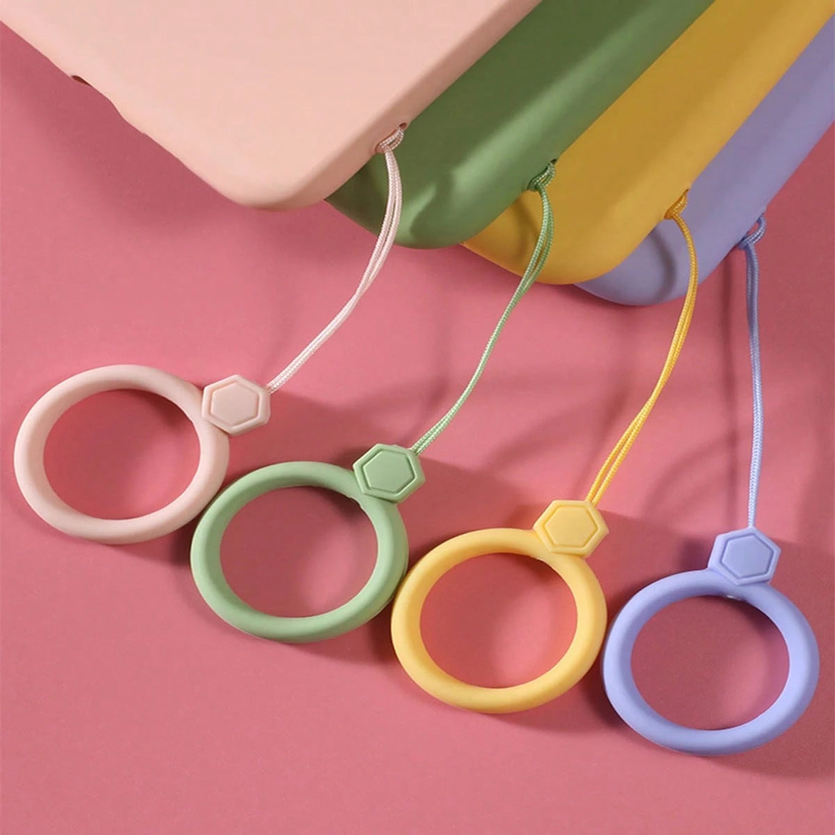3pcs Minimalist Soft Silicone Ring Finger Straps, Creative Cartoon Gemstone Bottle Cup Hanging Accessory, Adorable Anti-Drop Silicone Lanyard For Phone, Small Fan, Keys, Waterproof And Durable