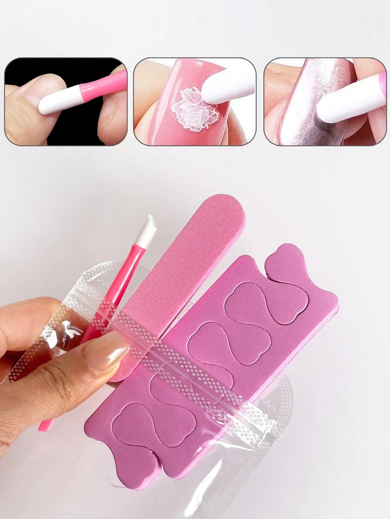 3pcs Pink Nail Polishing Strip, Nail File, Cuticle Pusher, Nail Separator, Valentine's Day New Year Holiday Nail Care Tool Kit, Nail Art Material Set