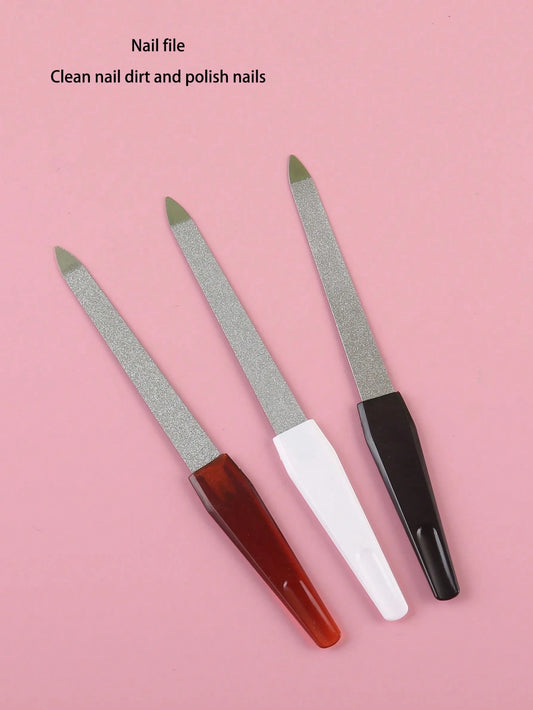3pcs Pointed Nail Files With Plastic Handle, Manicure Tools For Fingernails And Toenails, Assorted Colors