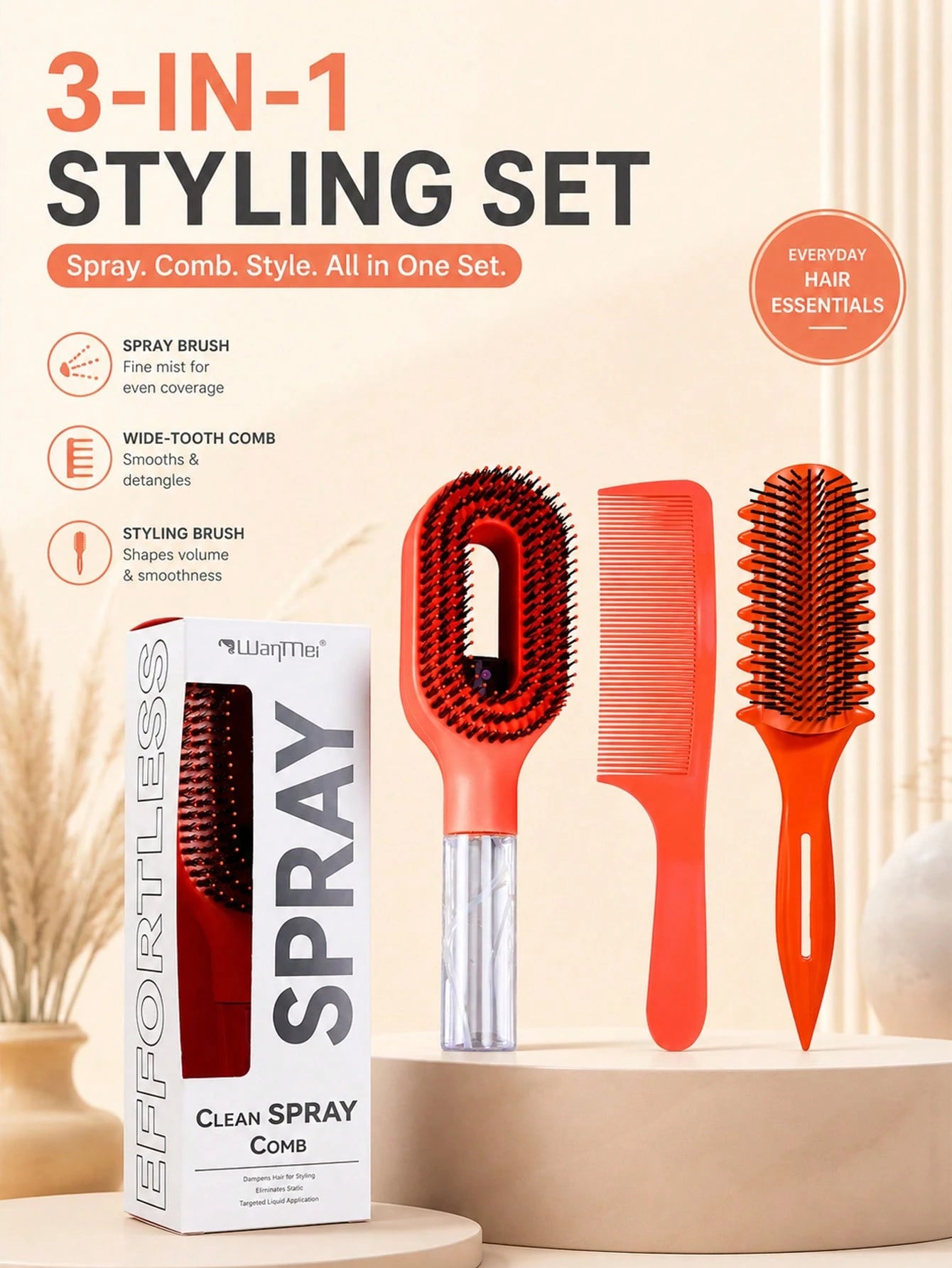 3Pcs Professional Hair Styling Tools Set, Spray Detangling Brush, Barber Hair Cutting Comb, Curly‑Defining Comb, Anti‑Static No‑Pull Hair‑Dressing Kit For Men & Women, Reusable Salon And At‑Home DIY A