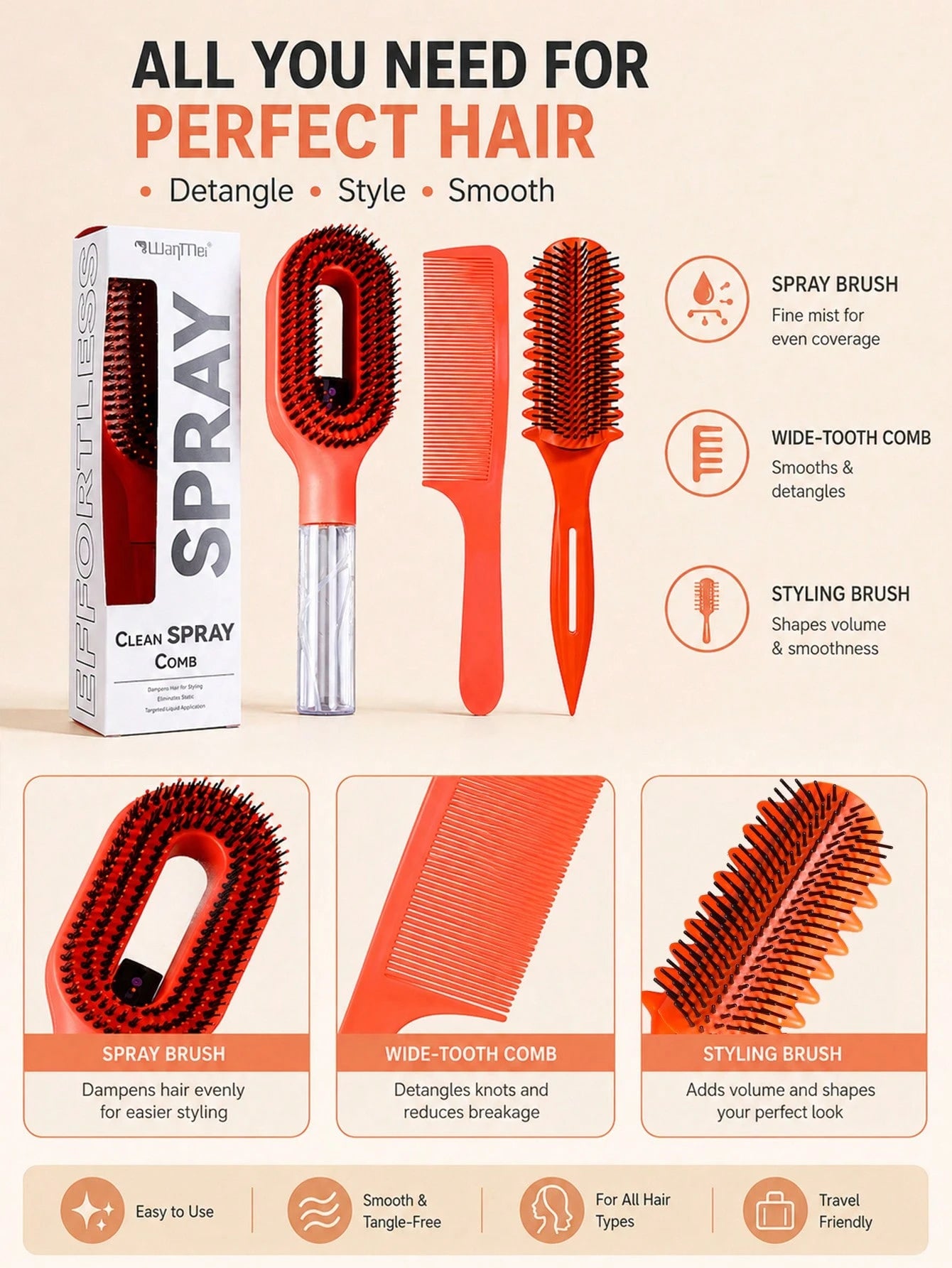 3Pcs Professional Hair Styling Tools Set, Spray Detangling Brush, Barber Hair Cutting Comb, Curly‑Defining Comb, Anti‑Static No‑Pull Hair‑Dressing Kit For Men & Women, Reusable Salon And At‑Home DIY A