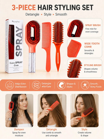 3Pcs Professional Hair Styling Tools Set, Spray Detangling Brush, Barber Hair Cutting Comb, Curly‑Defining Comb, Anti‑Static No‑Pull Hair‑Dressing Kit For Men & Women, Reusable Salon And At‑Home DIY A