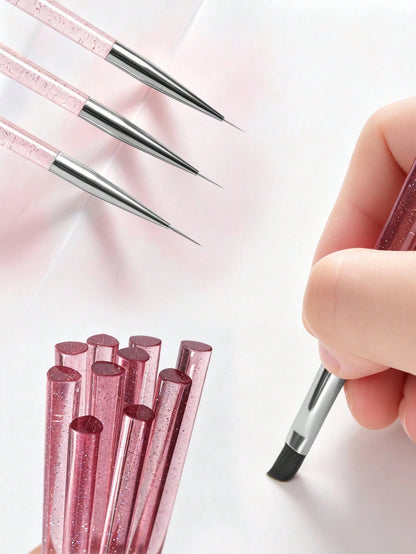 3PCS Professional Nail Detail Painting Brushes Glitter Acrylic Handle Manicure Tools