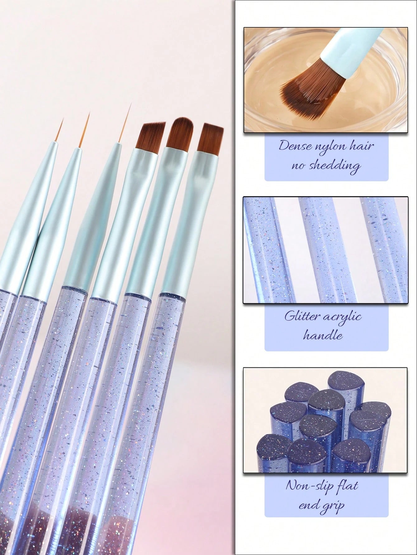 3PCS Professional Nail Detail Painting Brushes Glitter Acrylic Handle Manicure Tools